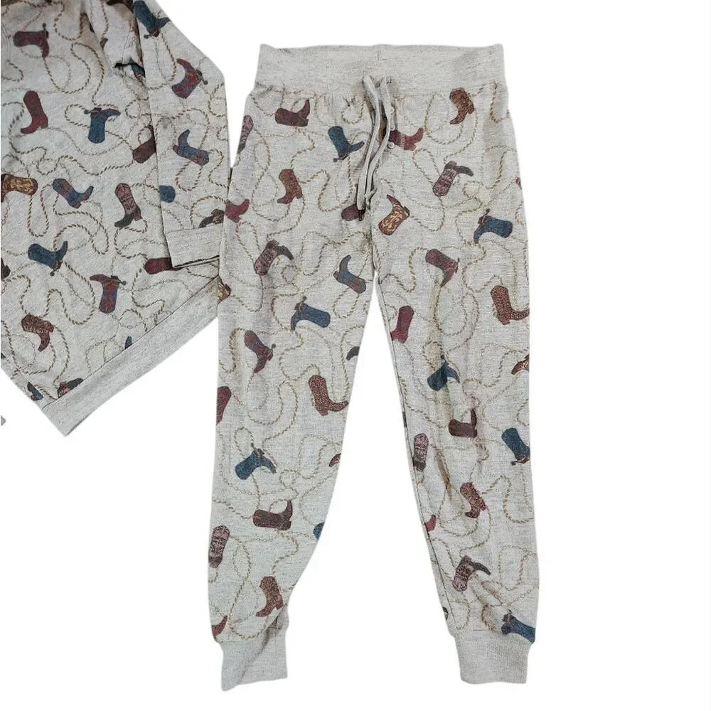 PJ Salvage Pajama Set XS Gray Cowboy Boots Shirt Lounge Pants Rope Chain - Picture 8 of 8